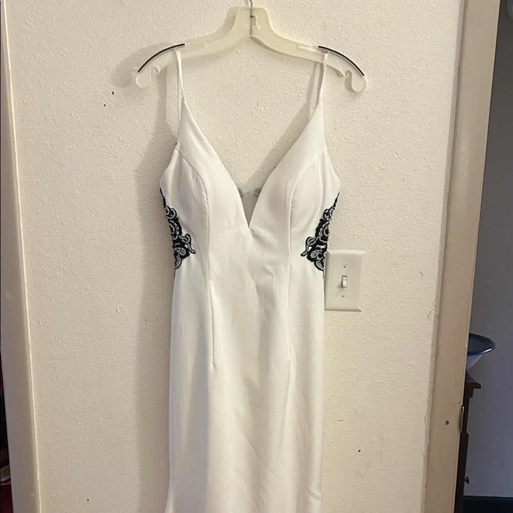 White Slip Dress with Black Lace Appliqué